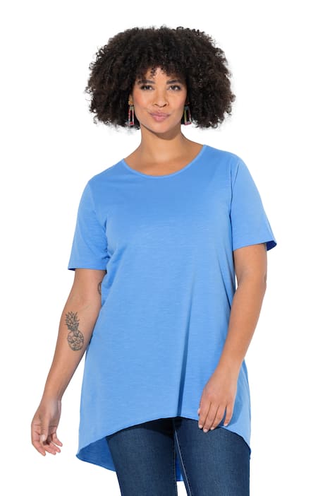 Dlouhé tričko, kulatý výstřih, krátké rukávy, zaoblený lem