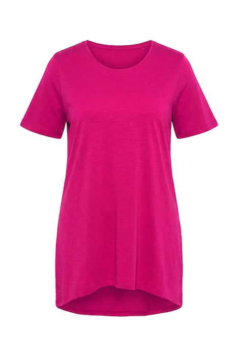 Dlouhé tričko, kulatý výstřih, krátké rukávy, zaoblený lem