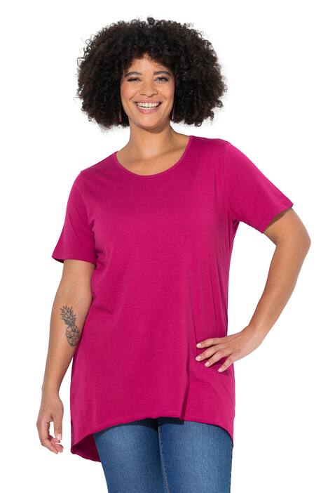 Dlouhé tričko, kulatý výstřih, krátké rukávy, zaoblený lem