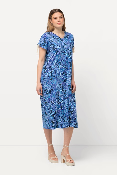 Print V-Neck Cap Sleeve Cotton Jersey Dress