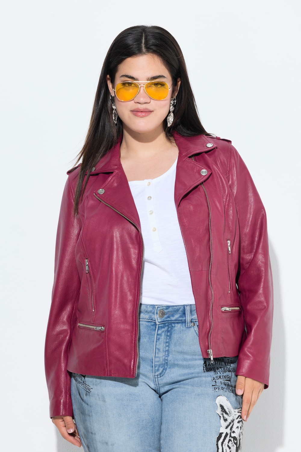 Leder-Bikerjacke, Metallzipper, Komplettfutter