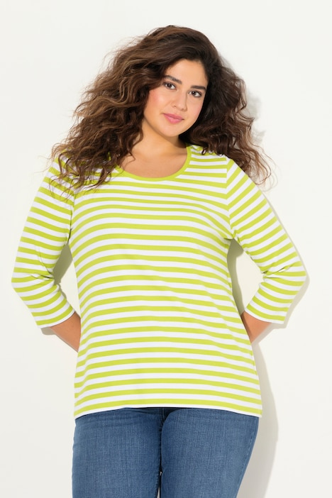 Striped 3/4 Sleeve Ribbed Jersey Tee