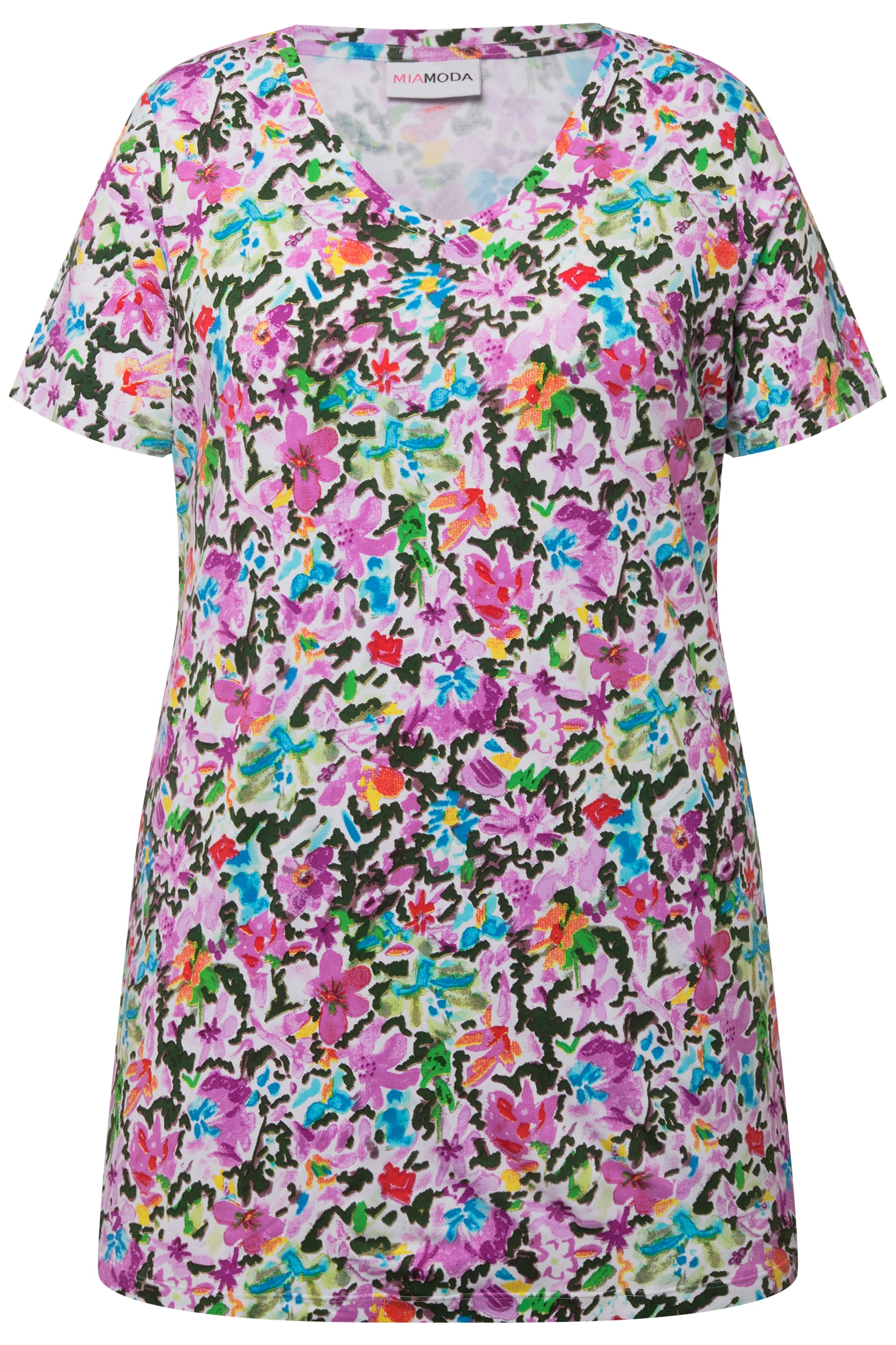 MIAMODA Damen große Größen T Shirt Blumenmuster V Ausschnitt Halbarm 832075