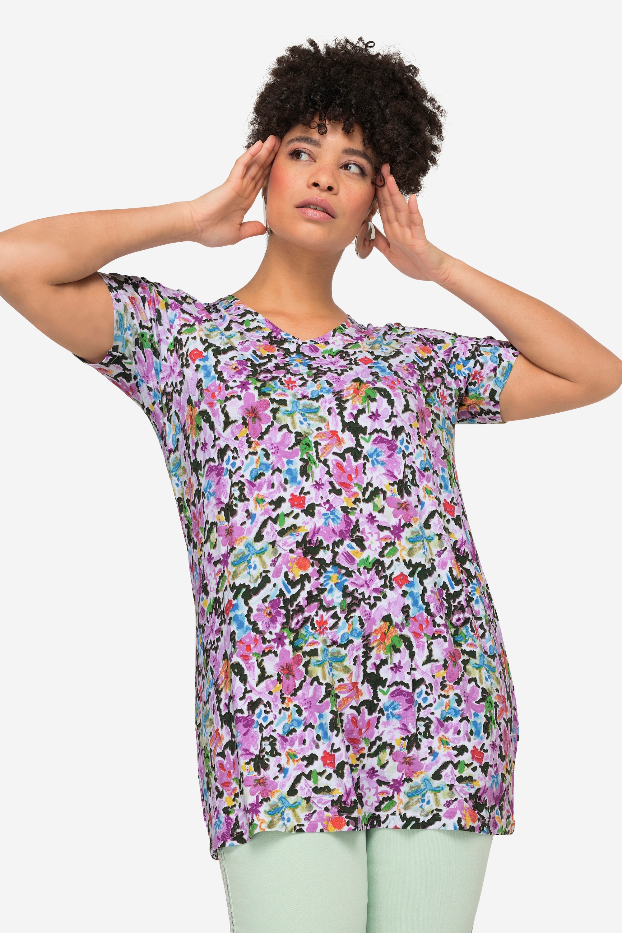 MIAMODA Damen große Größen T Shirt Blumenmuster V Ausschnitt Halbarm 832075