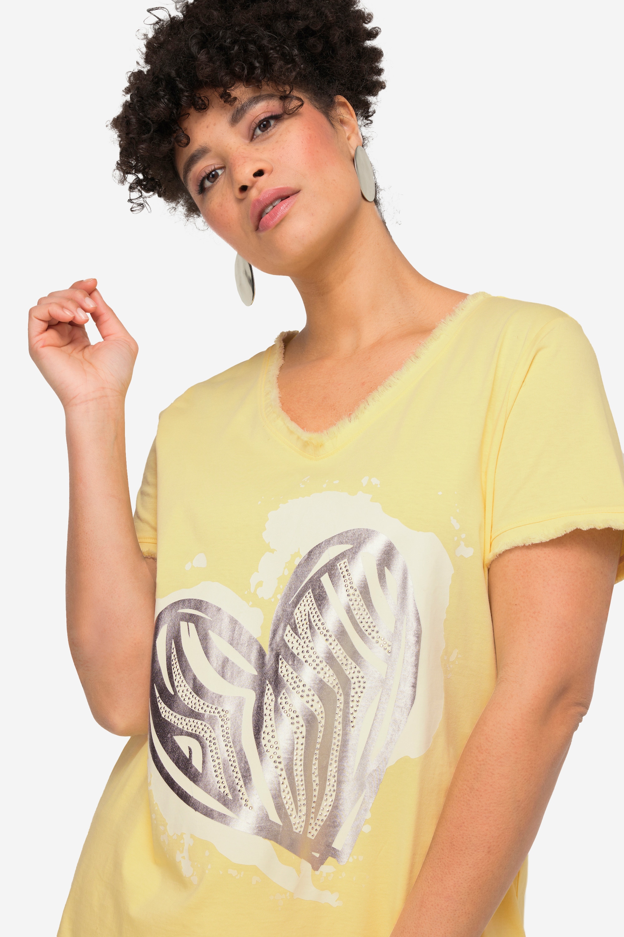 MIAMODA Damen große Größen T Shirt Herz Druck Fransen Halbarm 832080