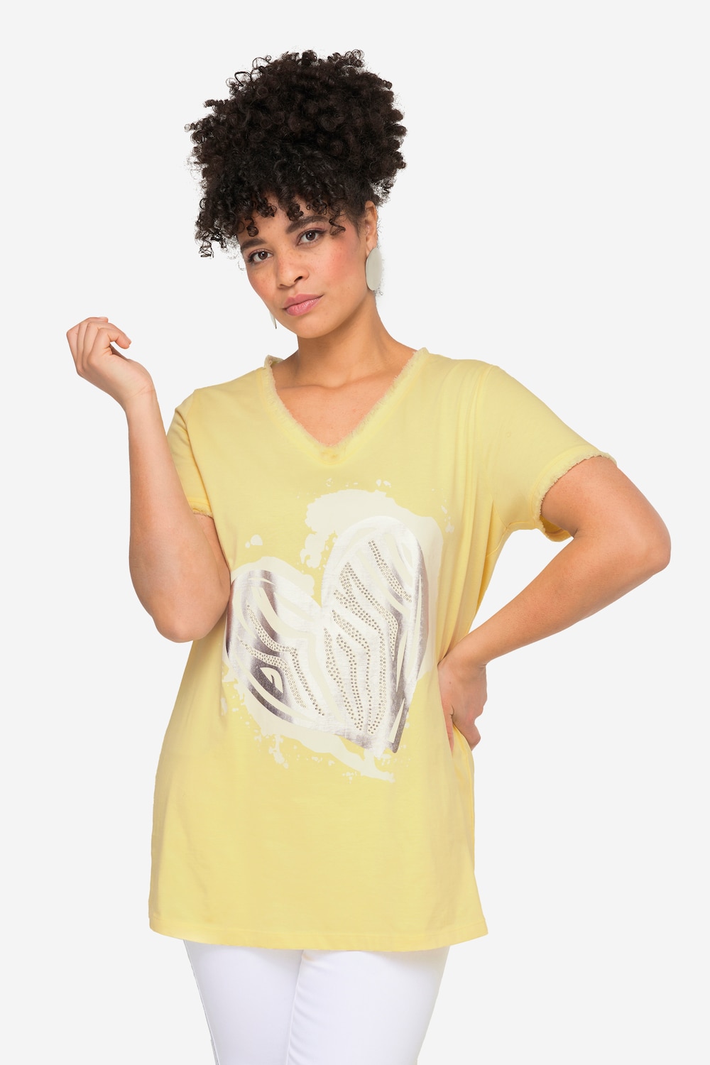 T-Shirt, Herz-Druck, Fransen, Halbarm