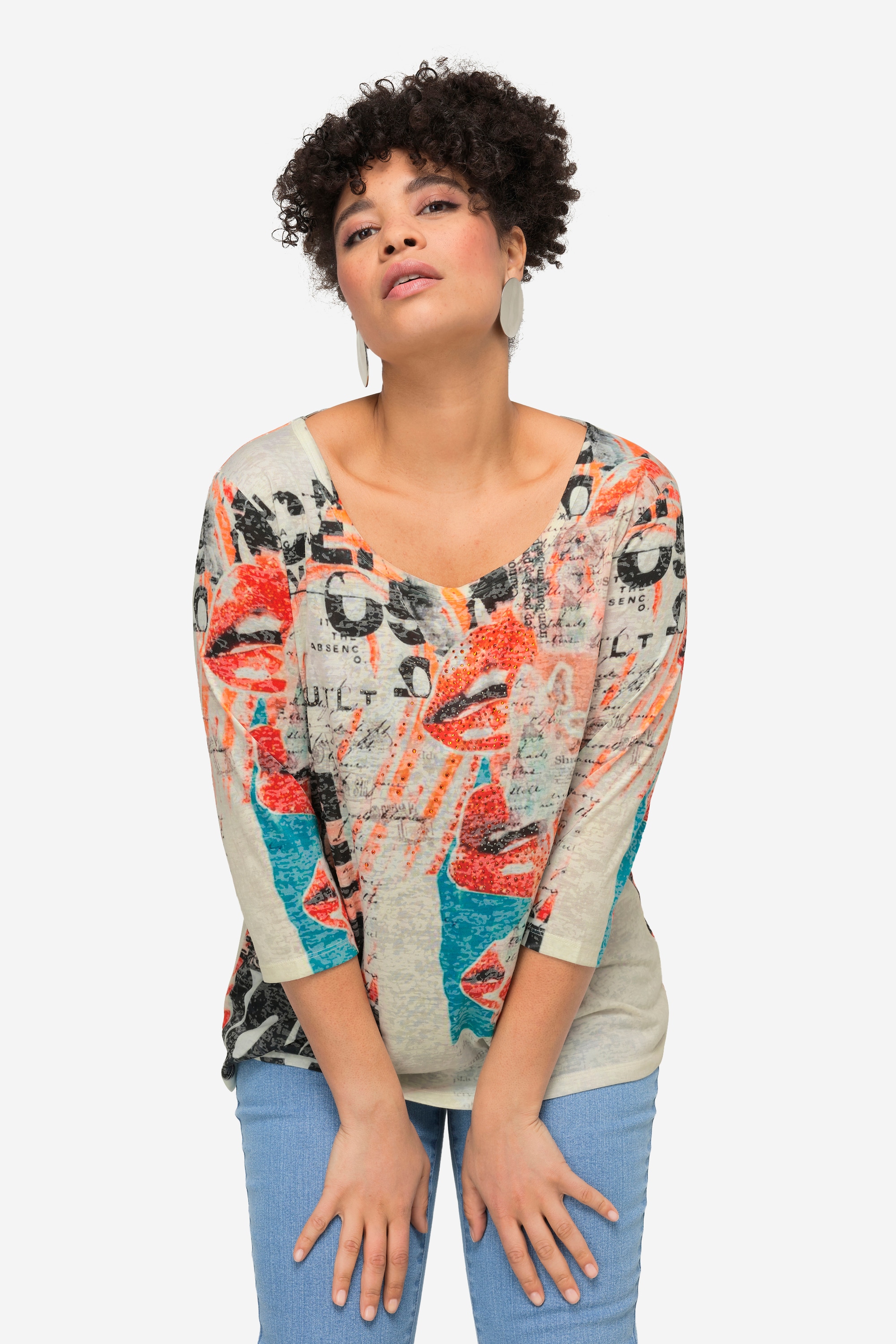 MIAMODA Damen große Größen T Shirt Alloverdruck Rundhals 3 4 Ärmel 832145