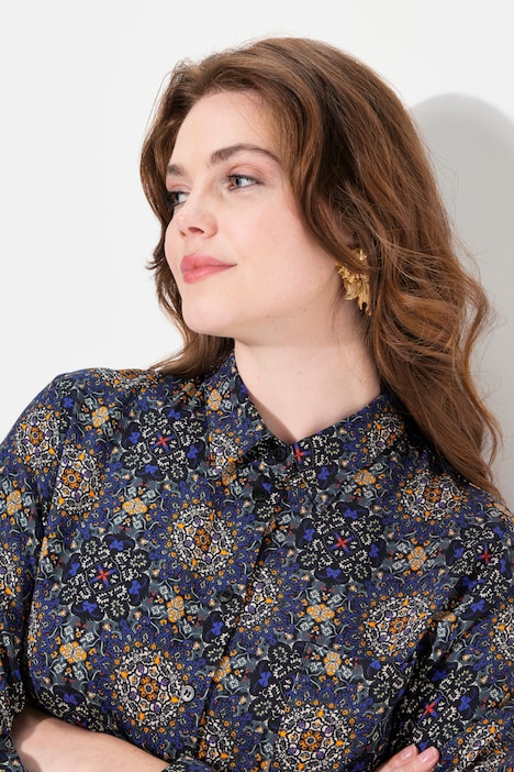 Mixed Print Button-Down Blouse, royal blue | Ulla Popken