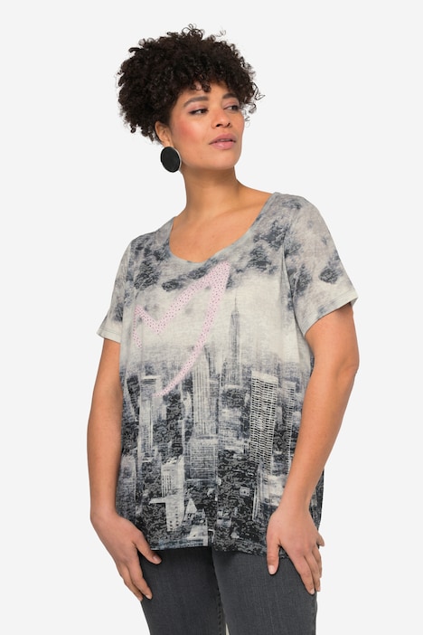 T-shirt, skyline-print met hart, ronde hals, korte mouwen