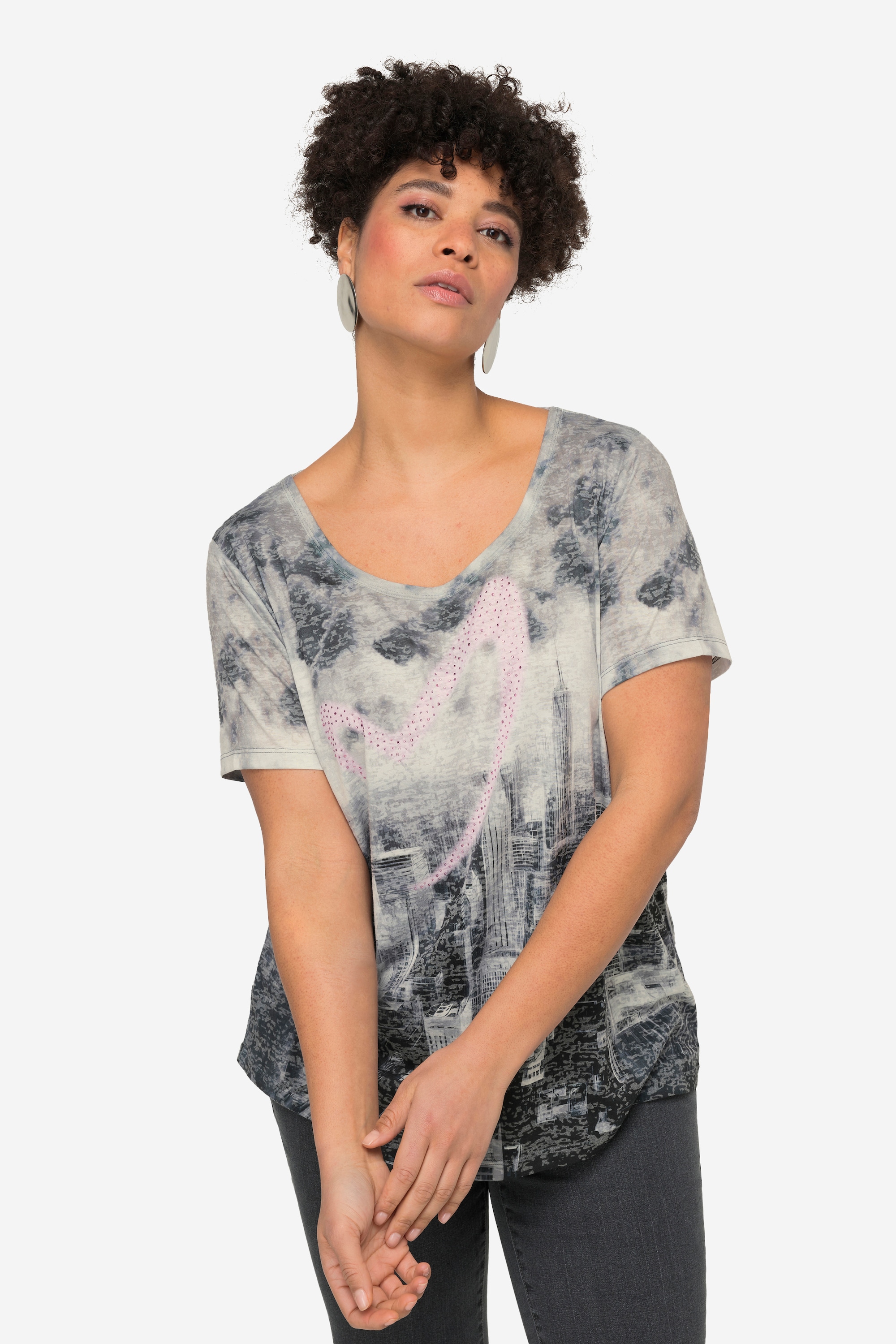 MIAMODA Damen große Größen T Shirt Skyline Druck mit Herz Rundhals