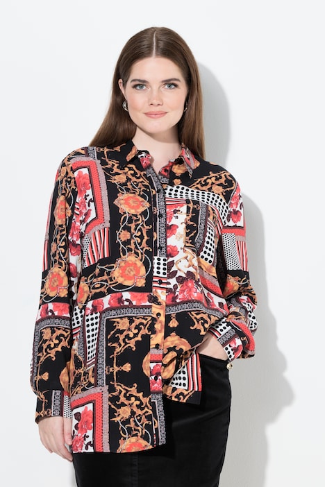 Overhemdblouse, landhuispatroon, overhemdkraag, lange mouwen