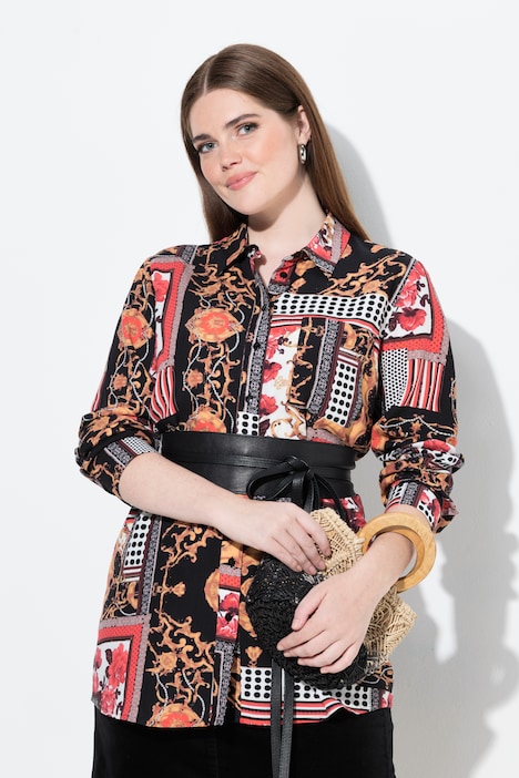 Overhemdblouse, landhuispatroon, overhemdkraag, lange mouwen