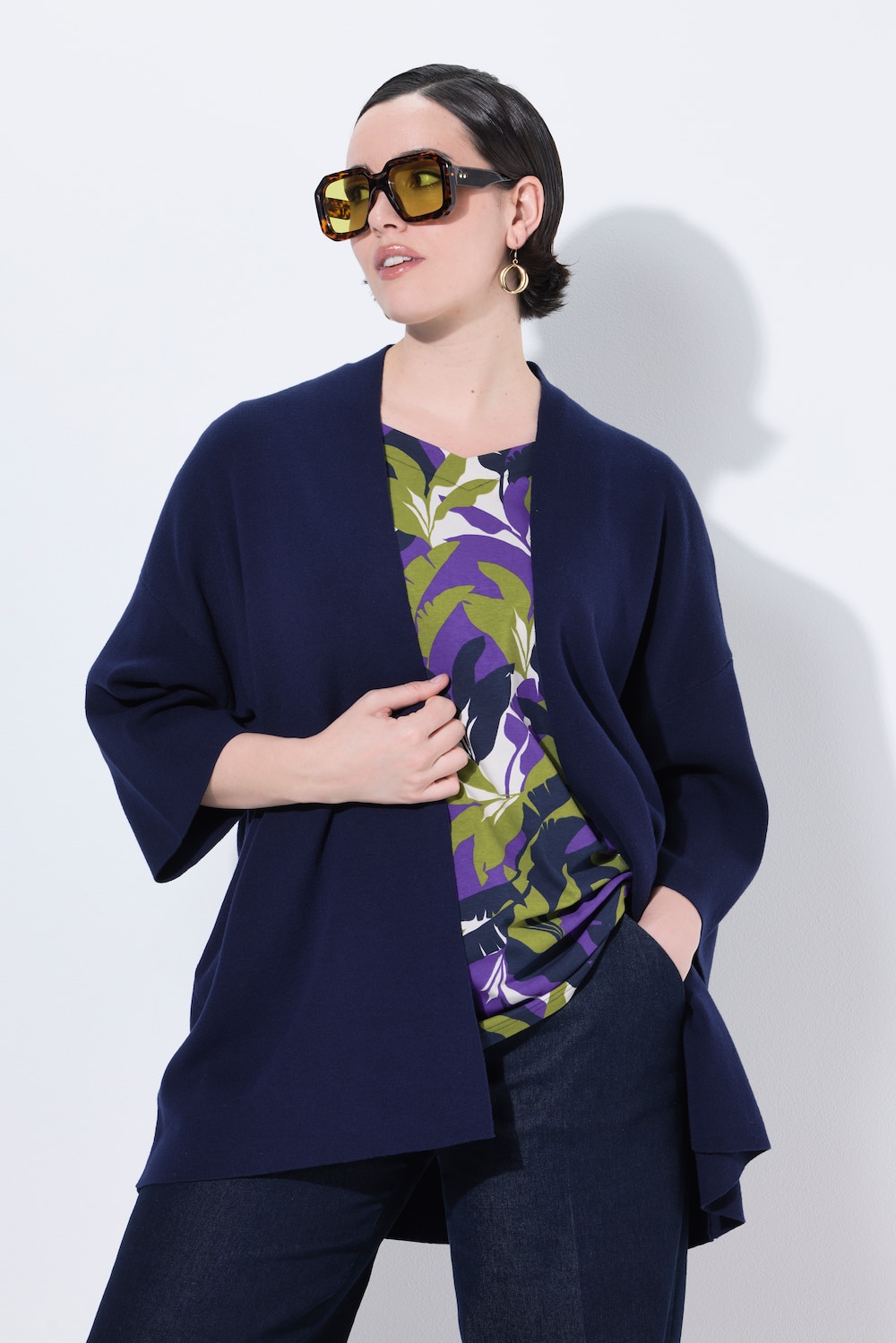 Strickjacke, oversized, offene Form, Schalkragen, Halbarm