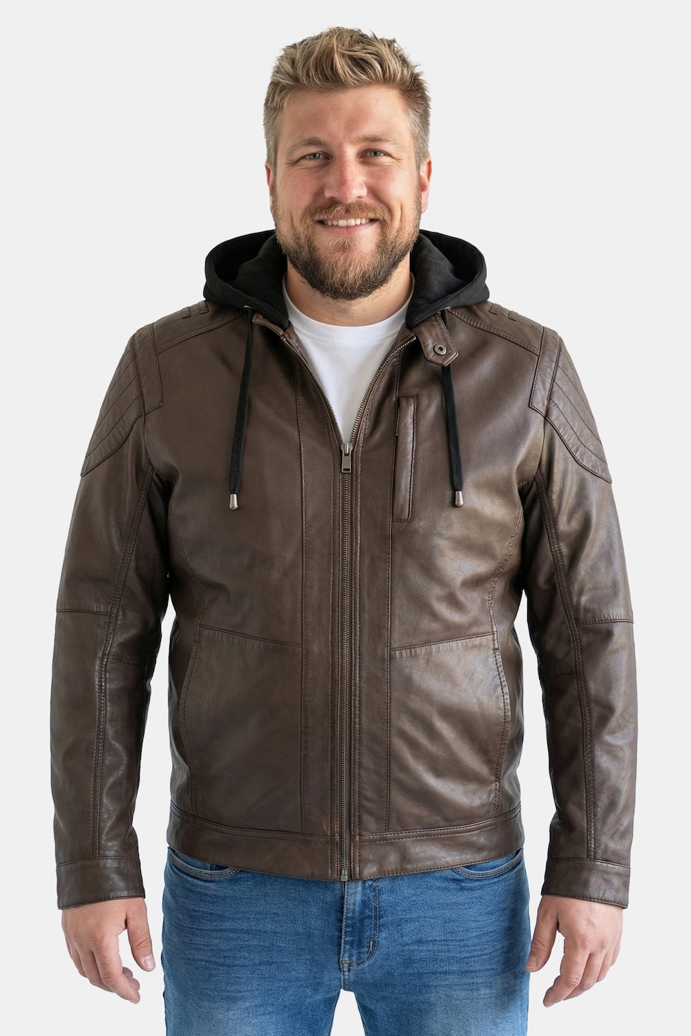 Men+ Lederjacke, Leder, abnehmbare Jersey-Kapuze, Zipper, bis 7 XL