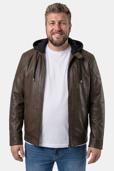 Men+ Lederjacke, Leder, abnehmbare Jersey-Kapuze, Zipper, bis 7 XL