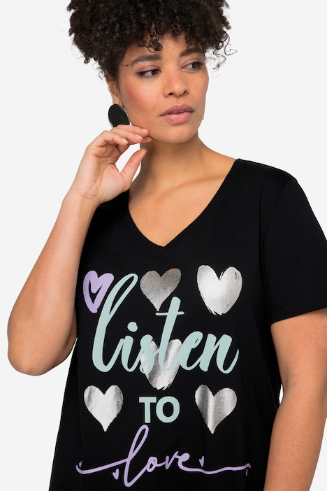 Half-Sleeve Straight Cut Heart Print T-Shirt, black | Ulla Popken