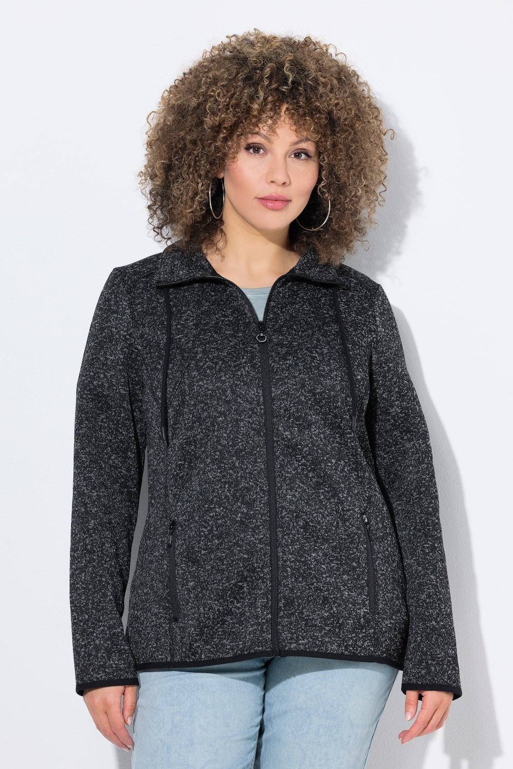 Große Größen Strickfleece-Jacke, Damen, schwarz, Größe: 46/48, Polyester, Ulla Popken