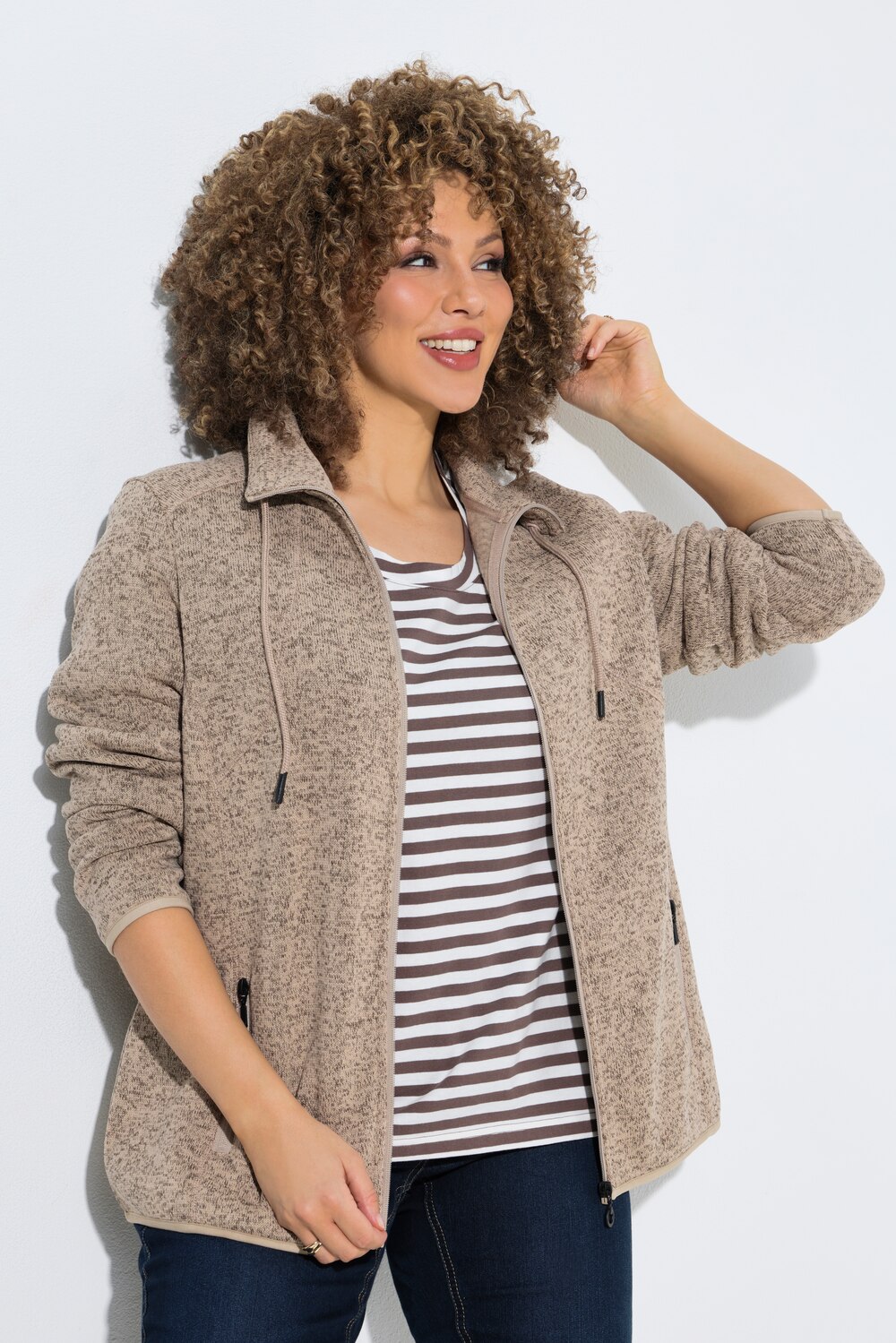Strickfleece-Jacke, Stehkragen, Zipptaschen