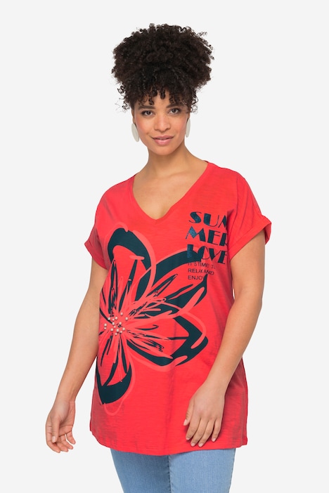 T-Shirt, oversized, XL Blüte, V-Ausschnitt, Halbarm.