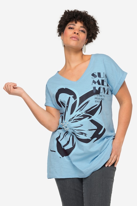 T-Shirt, oversized, XL Blüte, V-Ausschnitt, Halbarm.