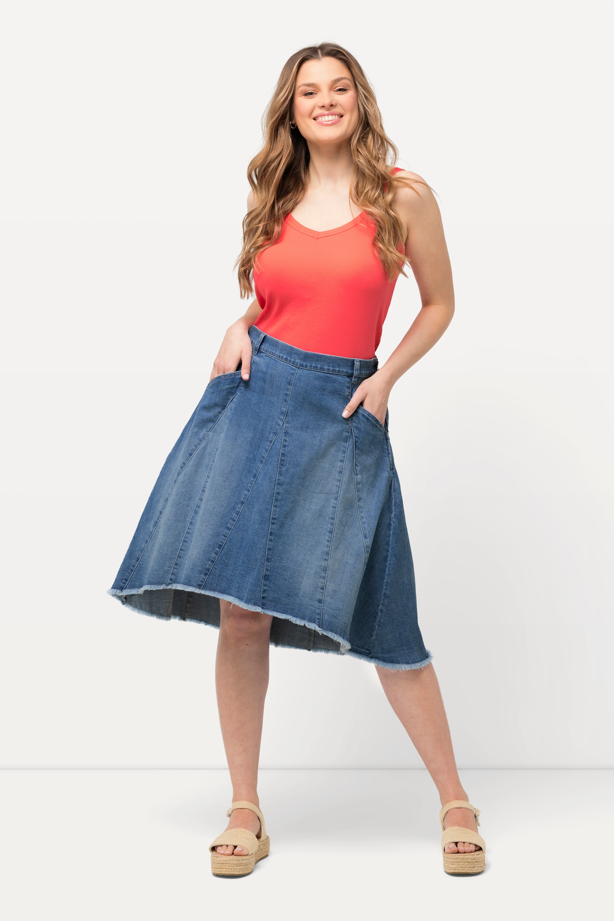 Ulla Popken Damen große Größen Jeansrock Godetfalten A Linie Fransensaum 832238