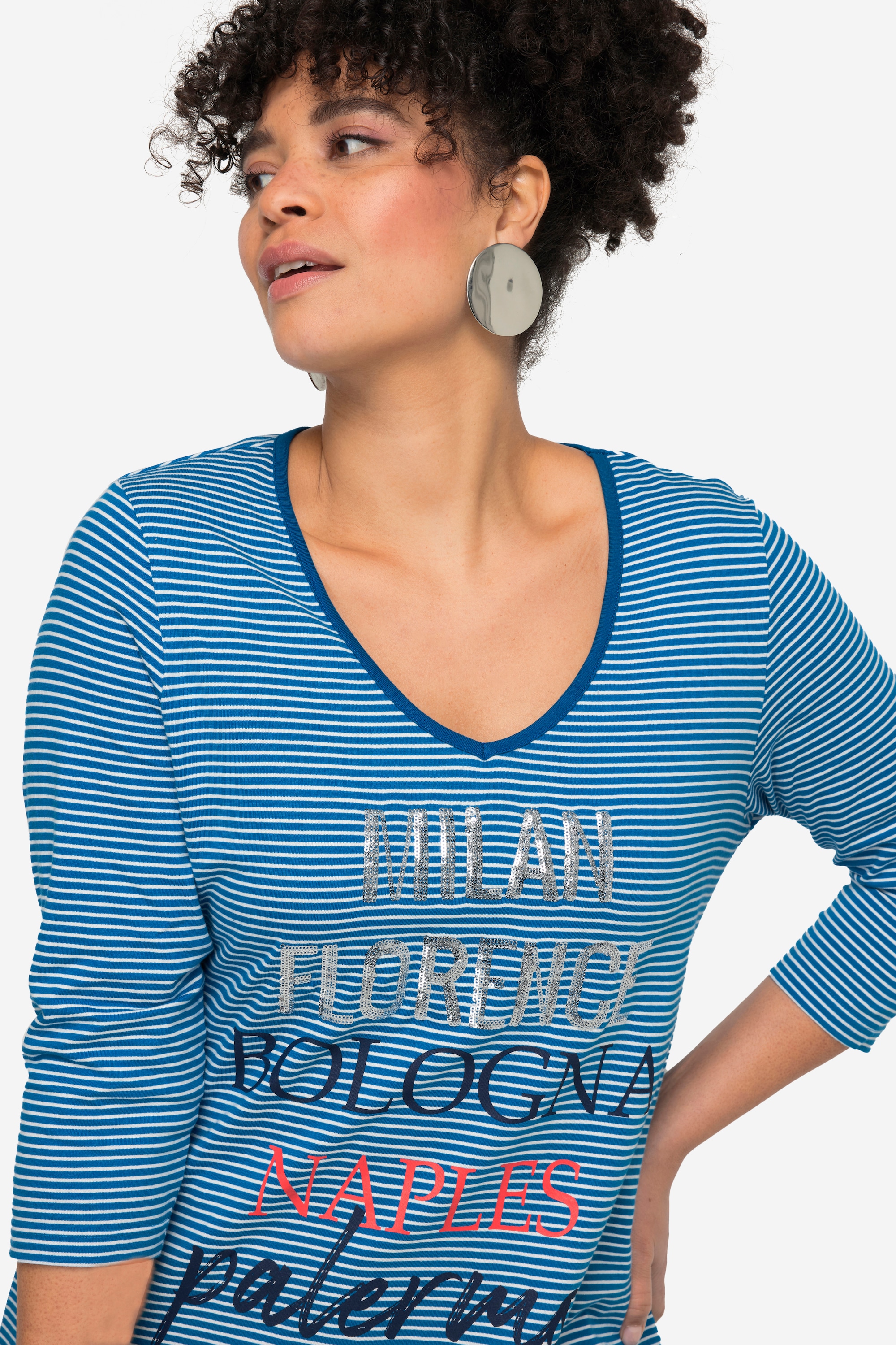 MIAMODA Damen große Größen Ringelshirt Statement V Ausschnitt 3 4 Ärmel 832246