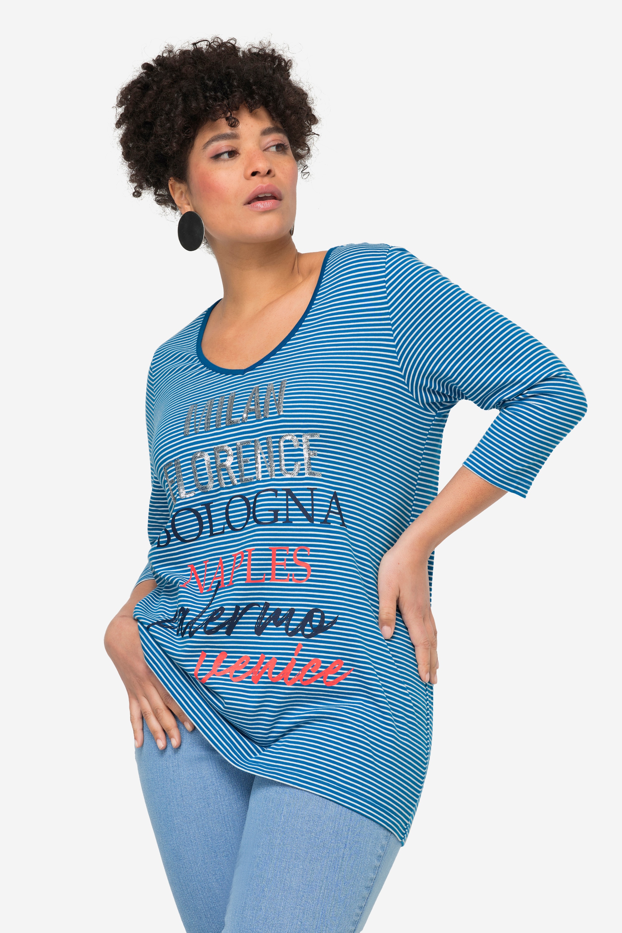 MIAMODA Damen große Größen Ringelshirt Statement V Ausschnitt 3 4 Ärmel 832246