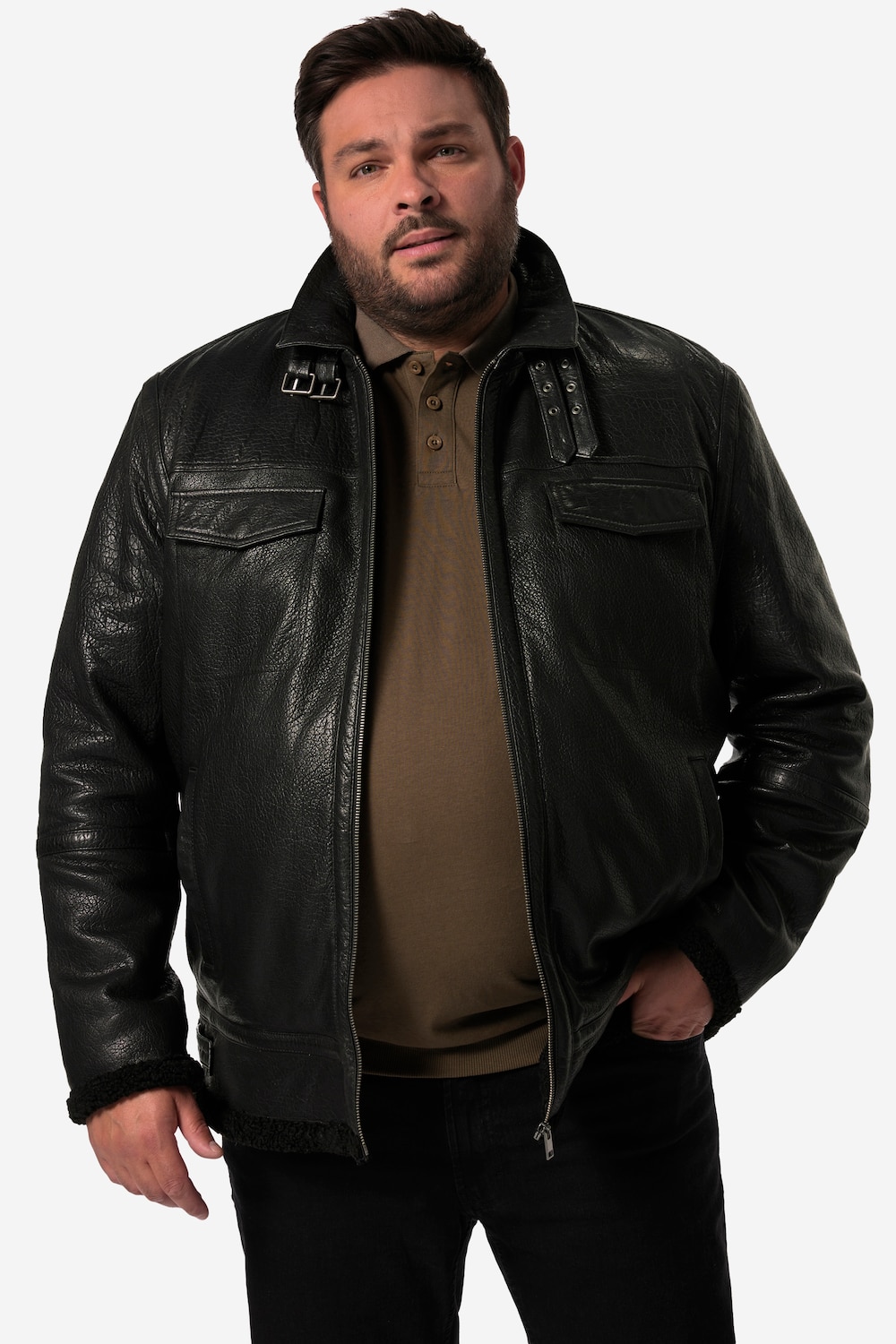 Stora storlekar Skinnjacka, Her, svart, storlek: XL, Läder/Polyester, Men Plus