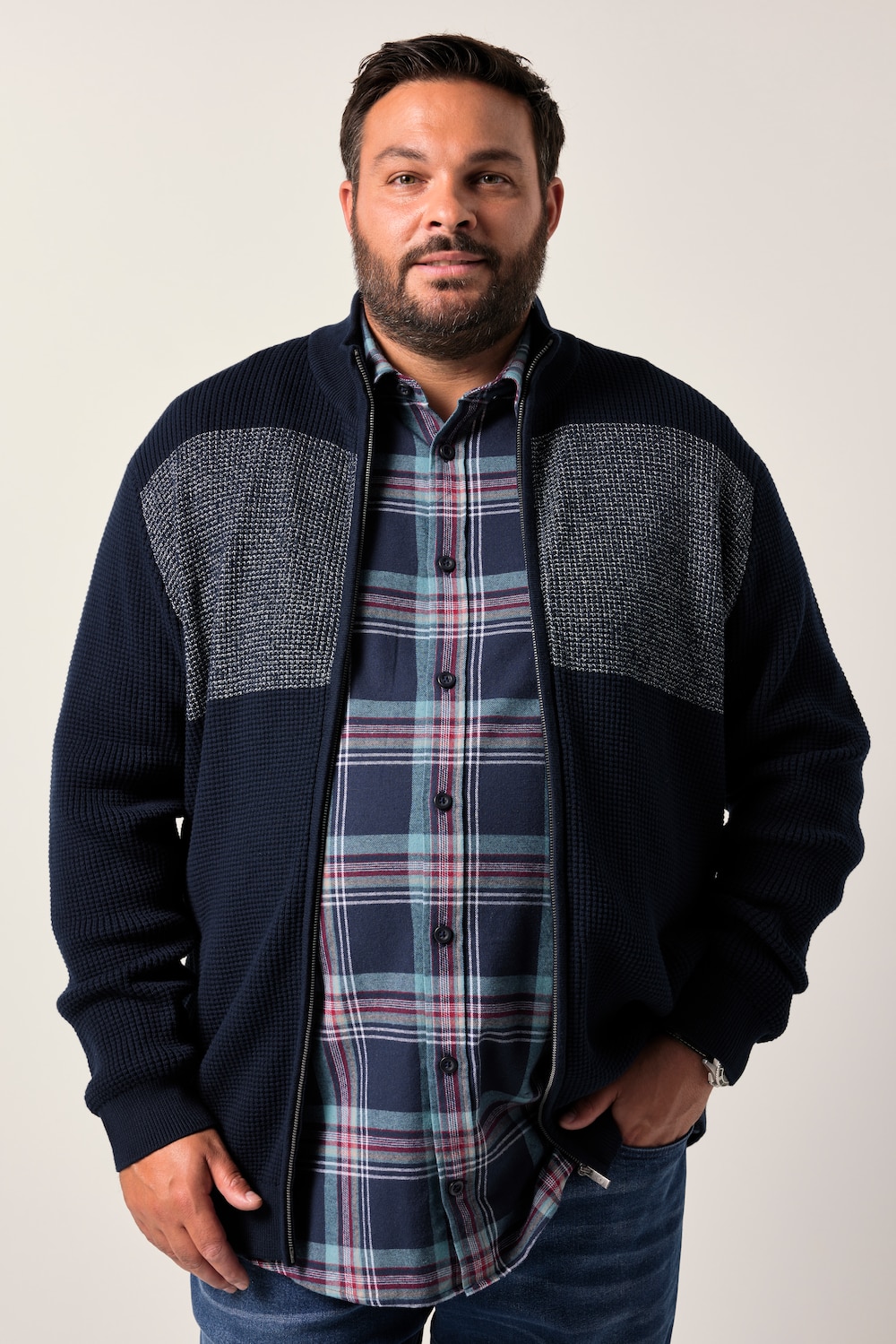 Men+ gebreide jas, opstaande kraag, rits, tot 8XL