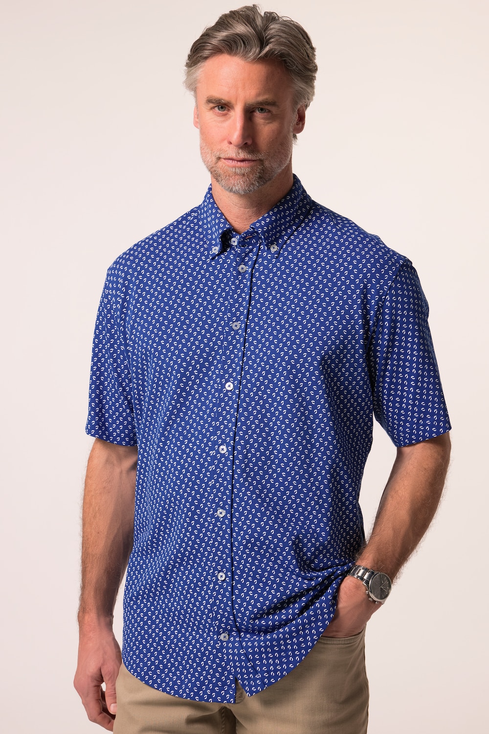 Boston Park overhemd van piquÃ©, korte mouwen, bloemenmotief, button-down kraag, Modern Fit, tot 8XL