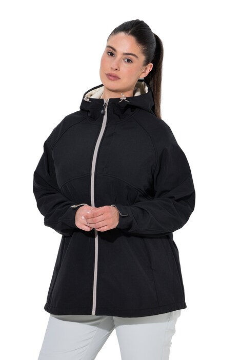 Softshellová bunda, kapuce, kapsy na zip, pásky na suchý zip