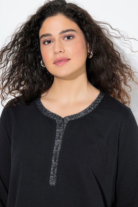 Shirt, Glitzer-Knopfleiste, V-Ausschnitt, Langarm