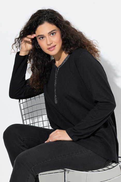 Shirt, Glitzer-Knopfleiste, V-Ausschnitt, Langarm