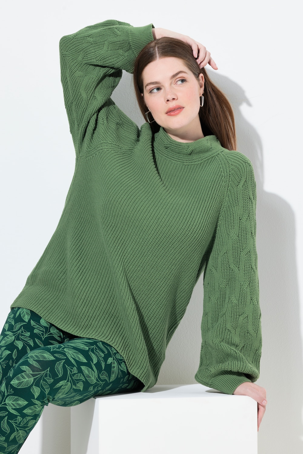 Pullover, Zopfmuster, Stehkragen, Langarm, Biobaumwolle