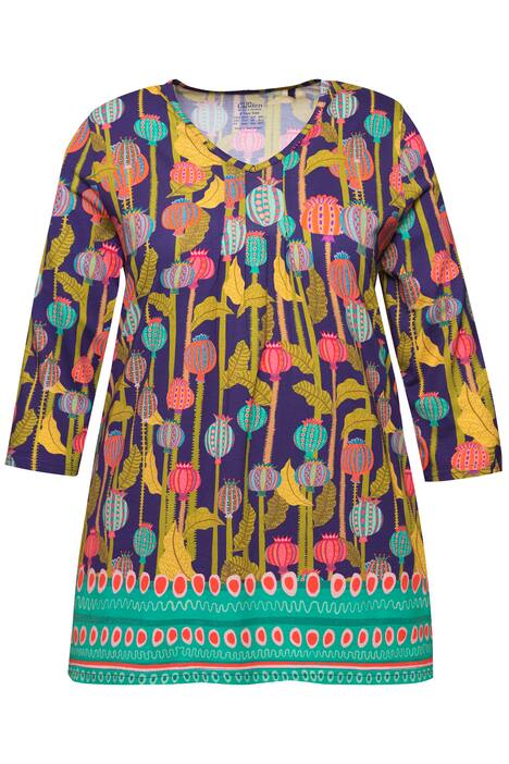 Dlouhé tričko, A střih, ozdobné sklady, výstřih do V, 3/4 rukávy