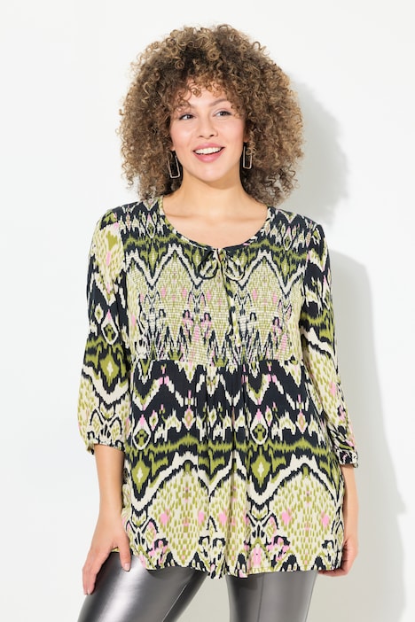 Ethno Print Smocked 3/4 Sleev Blouse