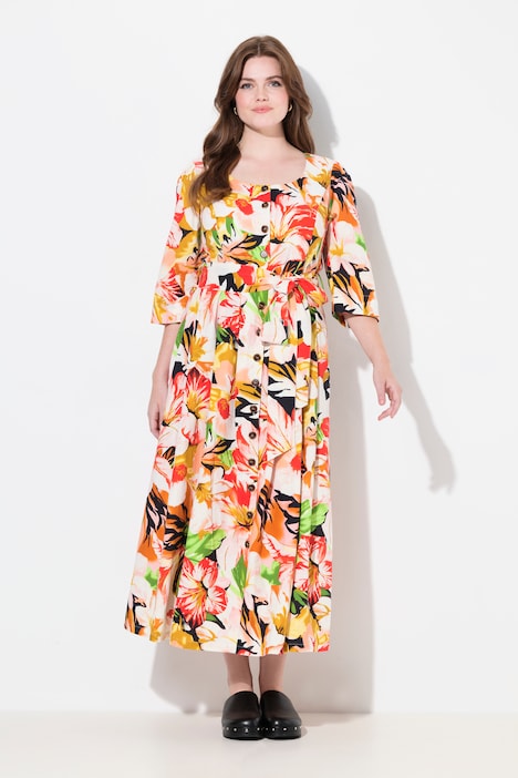 Floral Linen Blend 3/4 Sleeve Maxi Dresss