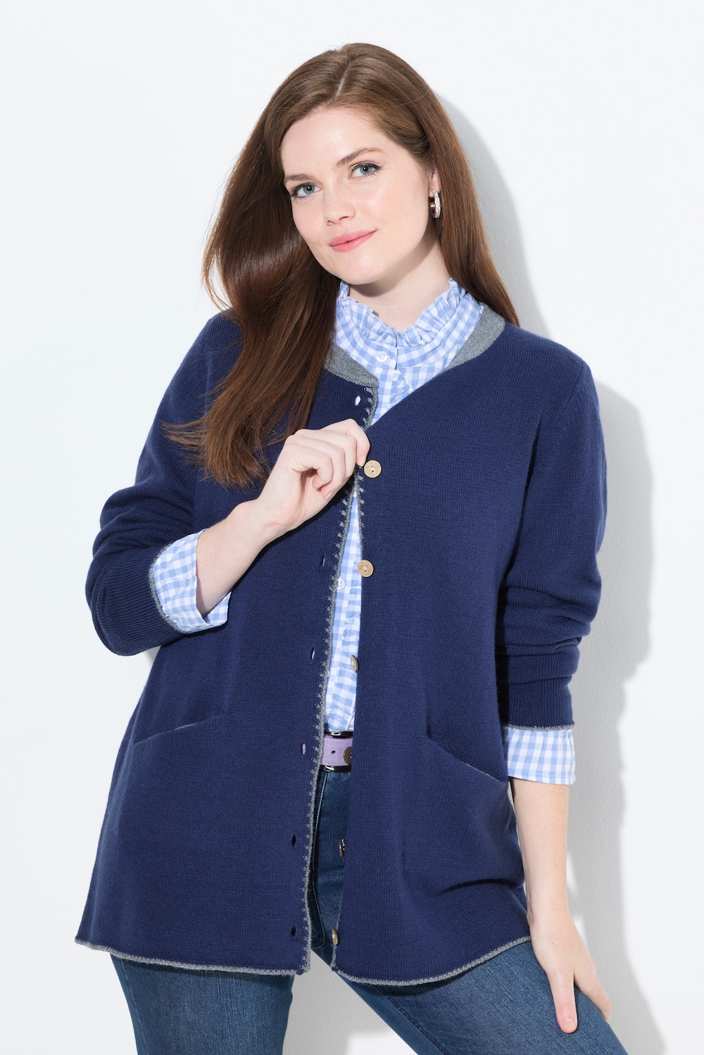 Long-Strickjacke, Hirsch-Stickerei, A-Linie, Stehkragen