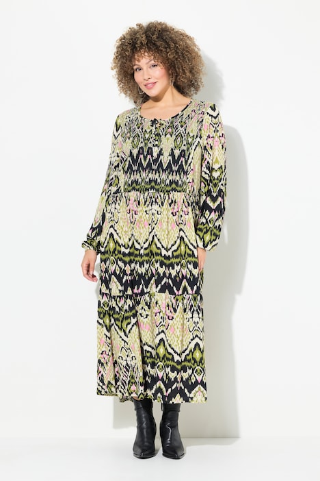 Ethno Print Smocked Long Sleeve Dress