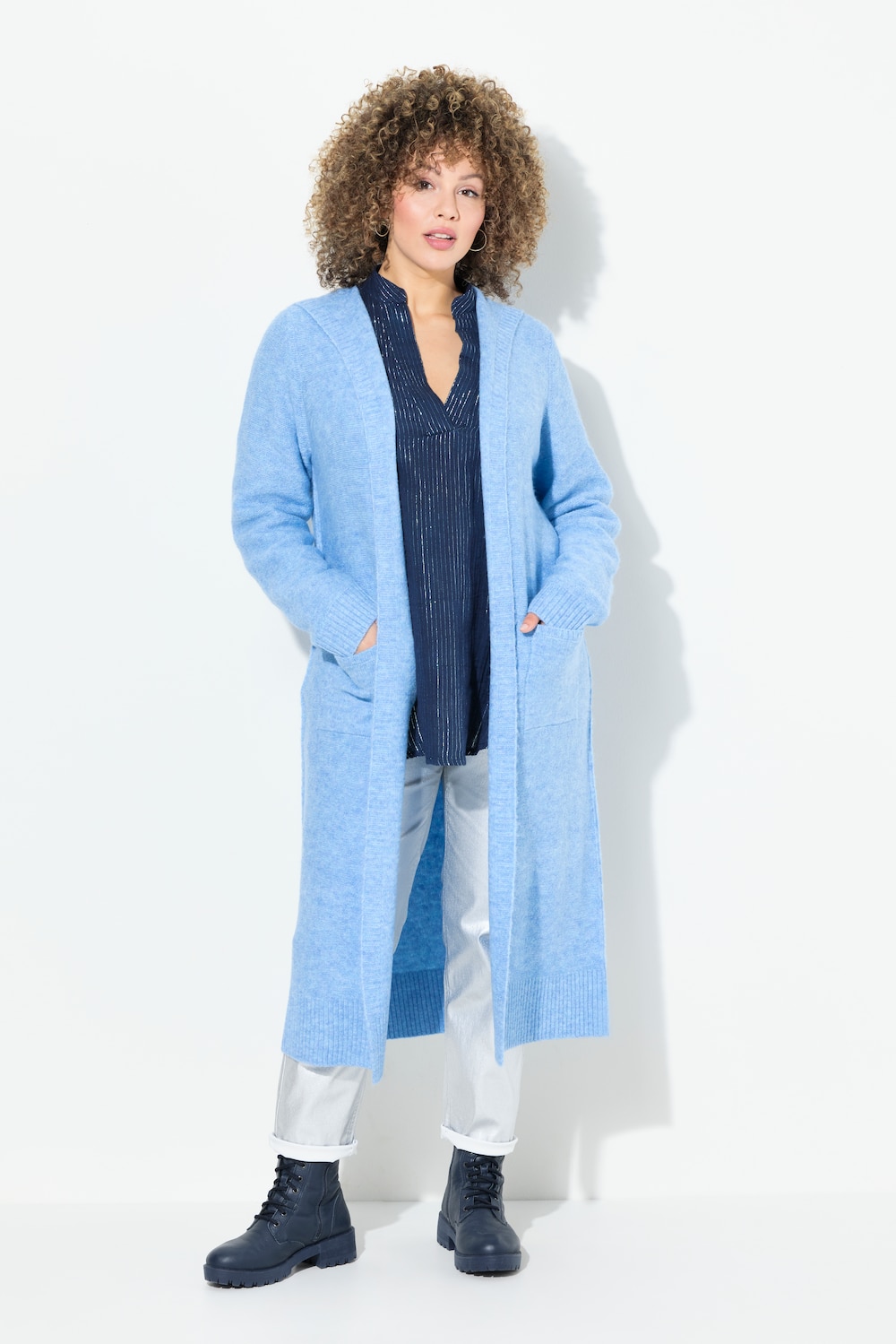 Große Größen Long-Strickjacke, Damen, blau, Größe: 46/48, Synthetische Fasern/Polyester, Ulla Popken