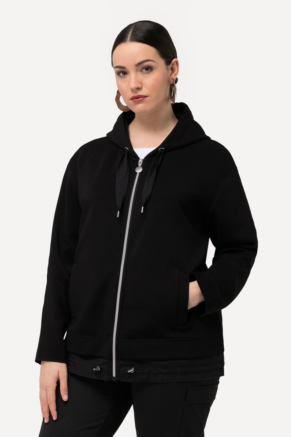 Große Größen Kapuzenjacke, Damen, schwarz, Größe: 42/44, Baumwolle/Polyester, Ulla Popken
