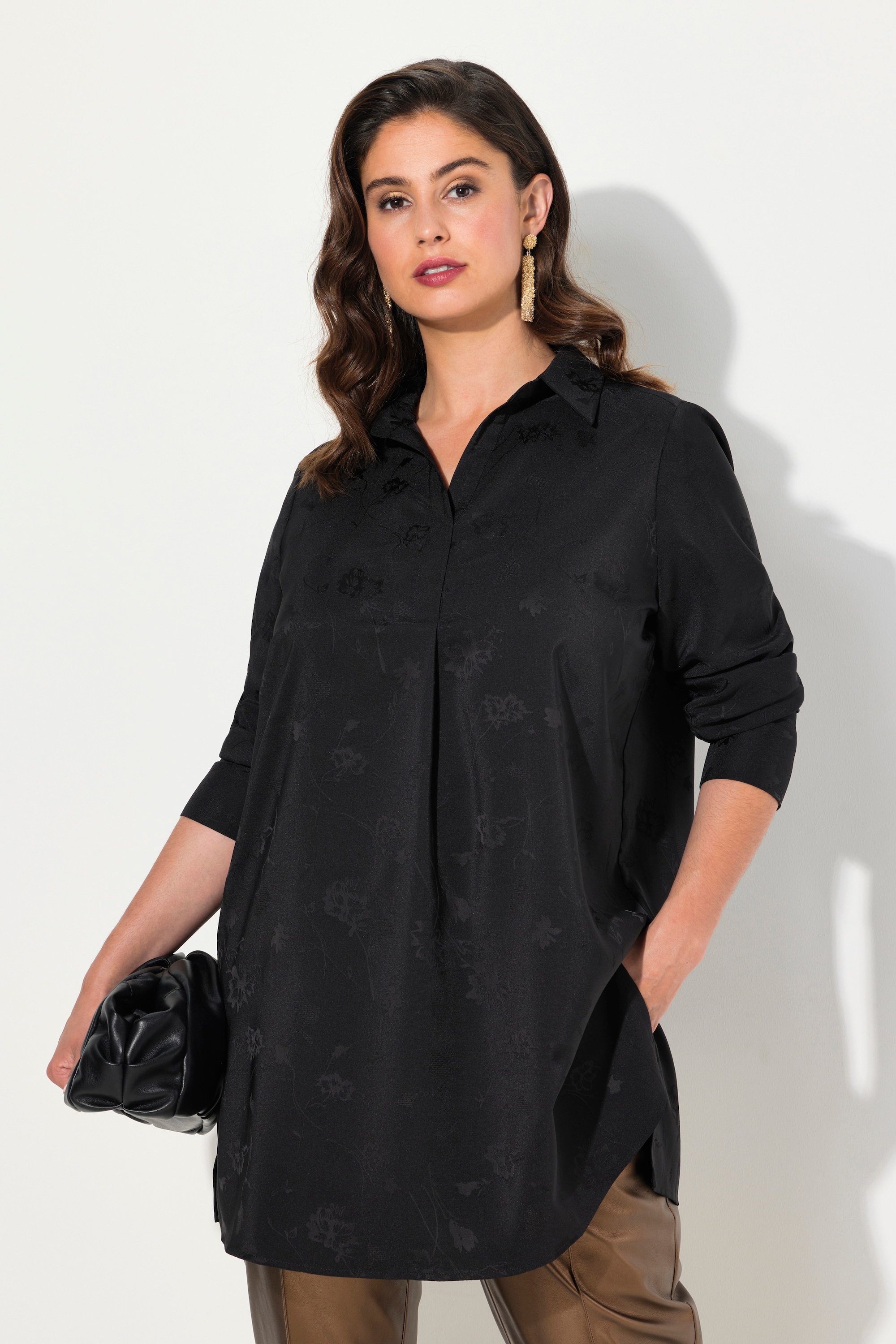 Ulla Popken Damen große Größen Longtunika Satin Struktur V Ausschnitt