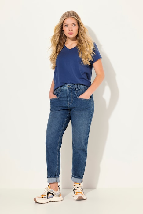 Rutet jeans, vid passform, 5-lommers modell