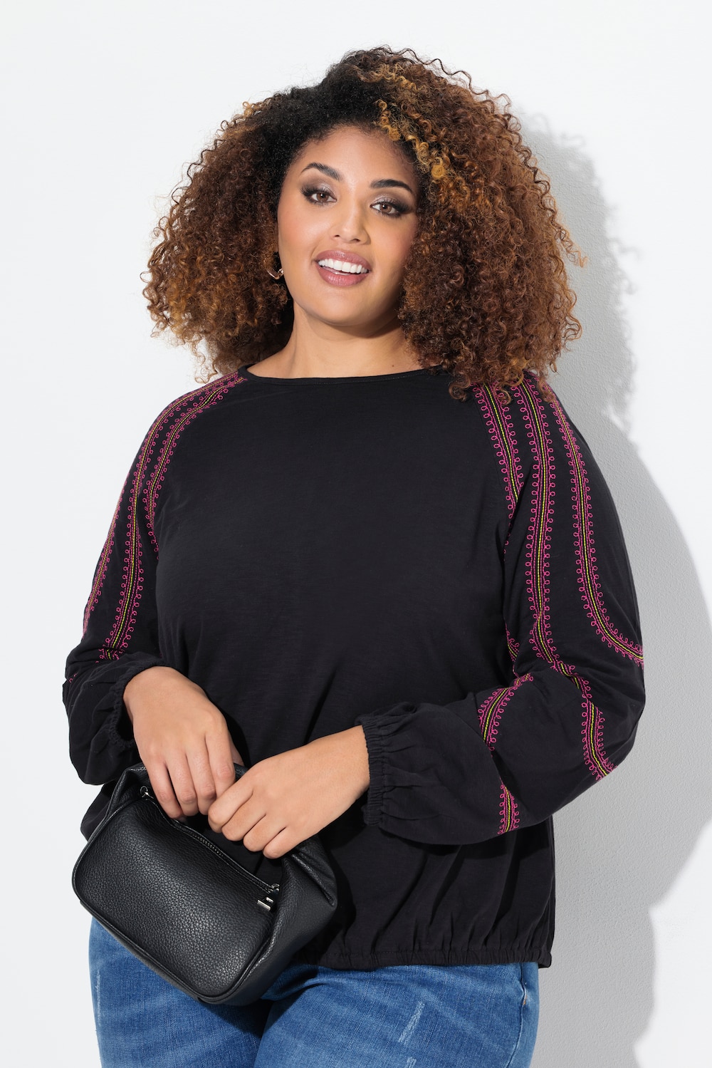 shirt, borduursel, ronde hals, lange mouwen, elastische zoom