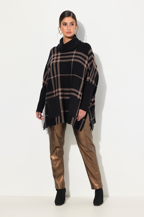 Pull cape oversize, motif à carreaux, col roulé et manches longues