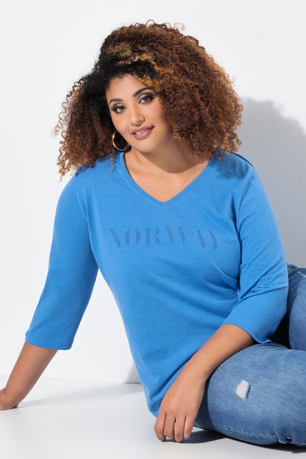 Shirt, Schriftmotiv, Classic, V-Ausschnitt, 3/4-Arm