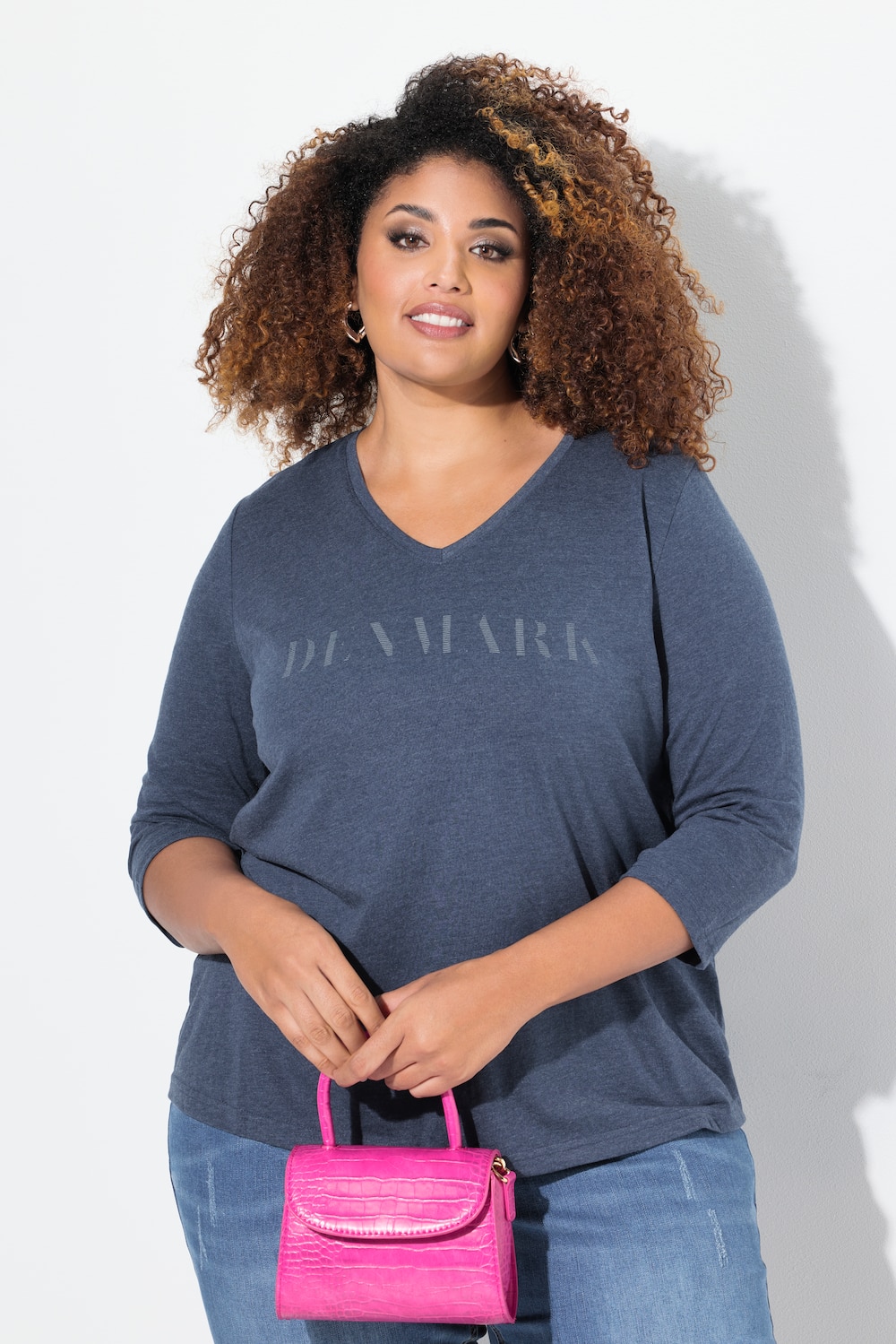 Shirt, Schriftmotiv, Classic, V-Ausschnitt, 3/4-Arm
