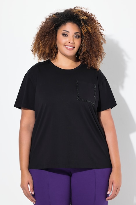 T-shirt dal taglio oversize con taschino, perline, scollo a girocollo e mezze maniche