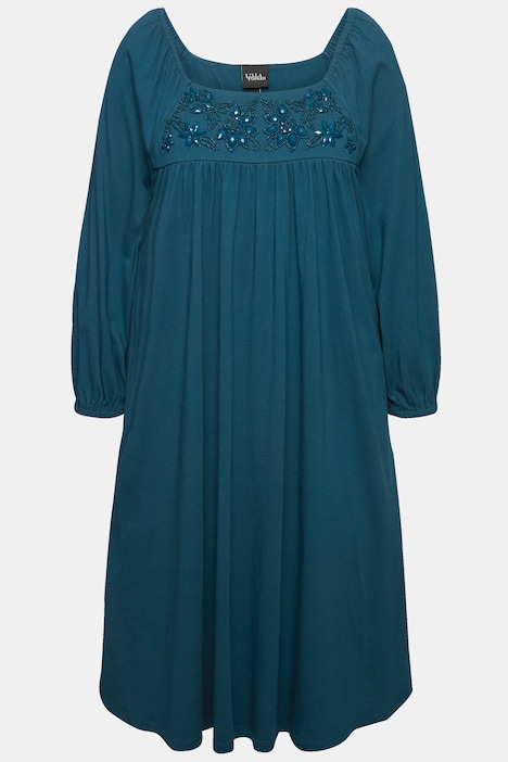 Beaded Long Sleeve Peasant Dress, dark teal | Ulla Popken