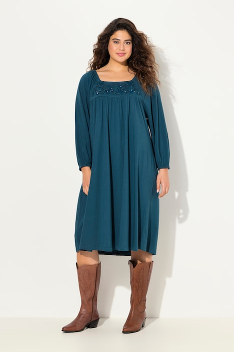 Beaded Long Sleeve Peasant Dress, dark teal | Ulla Popken